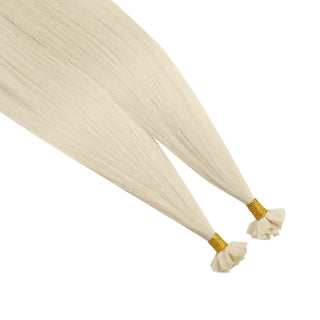 Full Shine pre bonded K tip hair extensions in bleach blonde are made from virgin human hair for professional fusion installation.