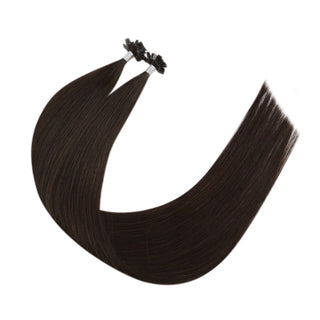 Full Shine pre bonded K tip hair extensions in dark brown combine virgin human hair with professional keratin bonds.