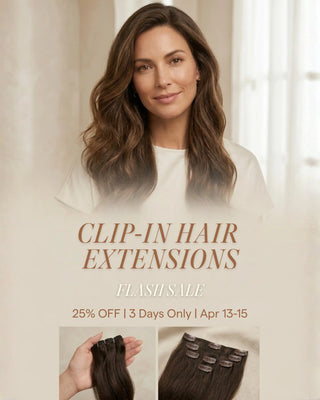 Realistic clip-in hair extensions displayed with a model for 3-day flash sale, 25 percent off.