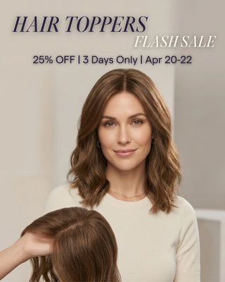 Natural hair topper on model demonstrating full coverage, 3-day flash sale 25% off.