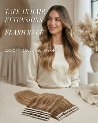 Tape-in hair extensions seamlessly applied on model, 25 percent off for 3-day flash sale.