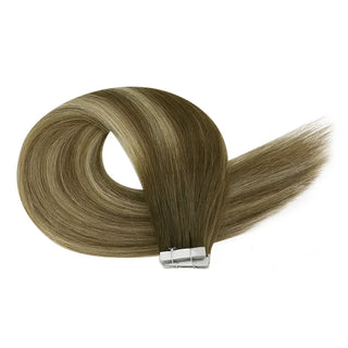 Premium virgin hair tape ins by Full Shine in balayage brown provide natural movement and luxurious softness.