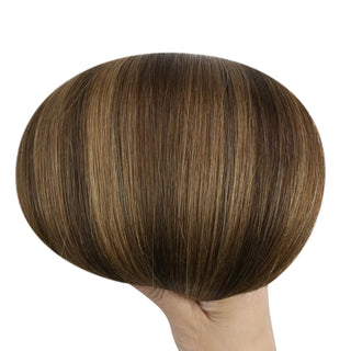 Professional Full Shine Brazilian virgin hair tape extensions in balayage create a seamless natural hair blend.