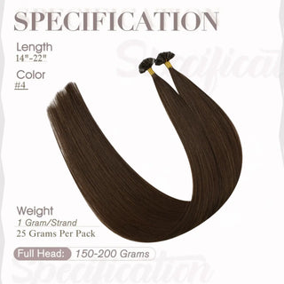 Professional Full Shine K tip hair extensions use 100% virgin human hair in medium brown for soft and natural-looking results.