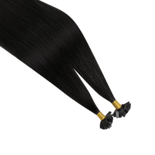 Full Shine professional off black K tip hair extensions are made from virgin human hair for customized volume and length.