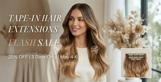 Tape-in hair extensions on model, natural look and volume, 25% off for Mother's Day flash sale.
