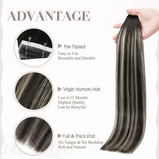 Full Shine tape in hair extensions with virgin hair highlights feature beautiful black tones for a seamless finish.