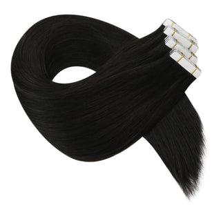 Full Shine tape in human hair extensions in natural black offer a soft texture and seamless application.