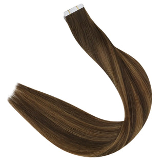 Virgin Brazilian hair extensions with tape in application from Full Shine offer a smooth balayage brown appearance.