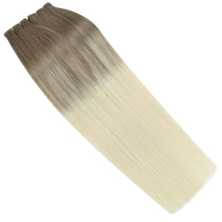 Virgin ash brown to blonde ombre hair designed to blend naturally with invisible weft.
