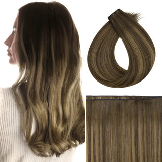 Fullshine virgin hair brown balayage with warm blonde highlights creating a rich blended tone.