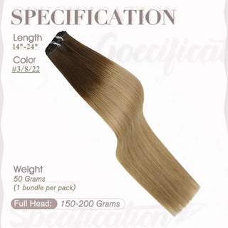 Fullshine invisible and flat silk wefts featuring blonde balayage highlights.