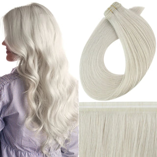 Fullshine platinum blonde virgin hair flat silk and invisible weft extensions offering a bright icy blonde finish.