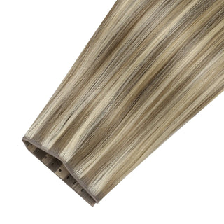 Fullshine Light Ash Brown with Blonde Highlights Butterfly Weft is premium virgin hair that adds natural fullness and shine.
