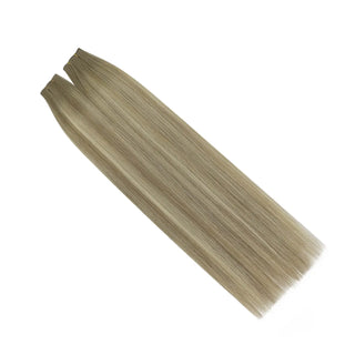 Invisible weft virgin hair offering a radiant ash brown and blonde balayage blend.
