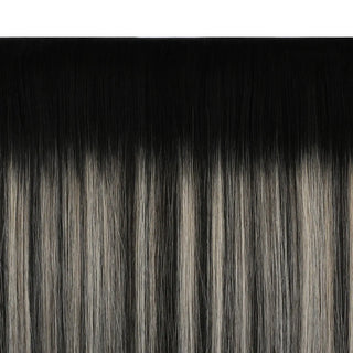 Fullshine Black with Silver Blonde Highlights Butterfly Weft is premium virgin hair that provides natural fullness and shine.
