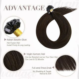 Dark brown K tip hair extensions made from human hair blend naturally with brown hair.