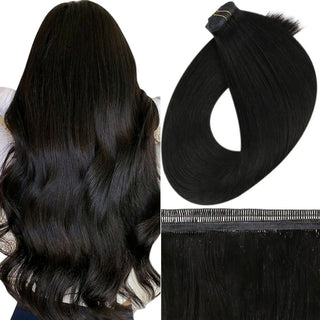 Fullshine off black virgin hair invisible and flat silk weft extensions offering a natural soft tone.