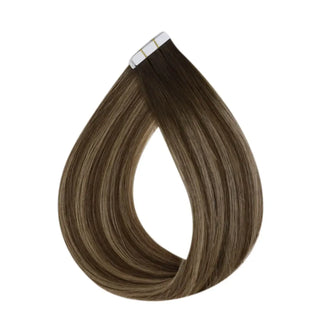 Fullshine balayage tape in extensions provide rich brown roots with soft blonde transition.