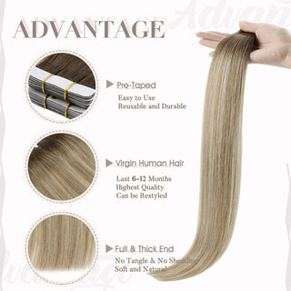 Virgin hair tape in hair extensions in brown blonde balayage from Full Shine blend seamlessly with natural hair.
