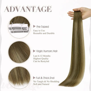 Virgin hair tape ins in balayage brown from Full Shine create soft blended color with natural movement.