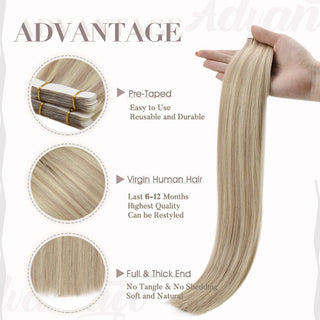 Virgin hair tape ins with blonde highlights from Full Shine are made from human hair for a soft natural blend.