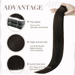 Virgin hair tape ins in dark brown from Full Shine provide soft texture, natural movement, and beautiful volume.