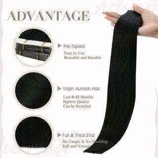 Virgin hair tape ins in jet black from Full Shine provide soft texture, natural shine, and beautiful length.