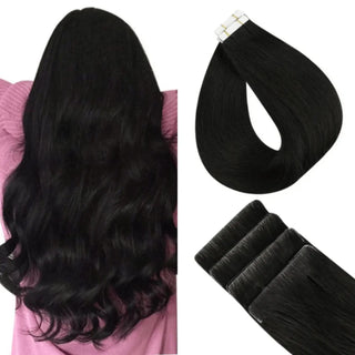 Fullshine off black virgin tape in hair extensions offering a natural dark tone and seamless blending.