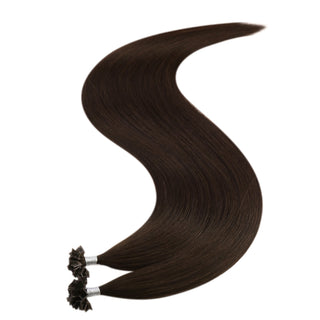 Full Shine dark brown virgin human hair K tip hair extensions feature pre bonded keratin tips for natural fullness and length.