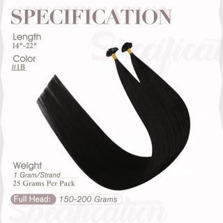 Full Shine virgin human hair K tip hair extensions in off black blend naturally with thin or fine dark hair.