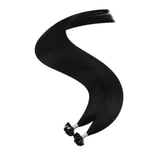 Full Shine virgin human hair K tip hair extensions in jet black provide natural movement and customized volume for thin hair.