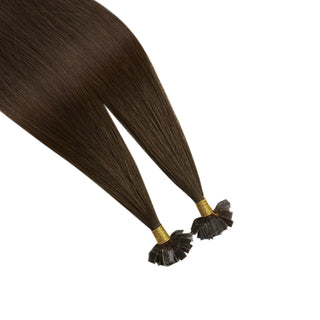 Full Shine medium brown K tip human hair extensions are made with 100% virgin hair for natural movement and fullness.