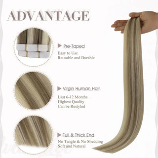 Virgin human hair tape in extensions with blonde highlights from Full Shine create soft color dimension and natural volume.