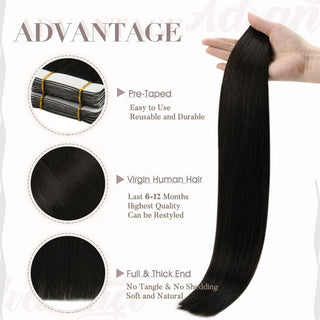 Virgin human hair tape in extensions in natural black from Full Shine provide soft texture and natural-looking volume.