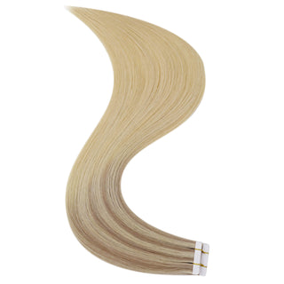 Virgin human hair tape in hair extensions in balayage blonde from Full Shine blend naturally with your own hair.