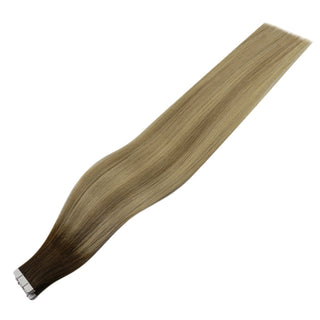 Full Shine virgin human hair tape ins with brown blonde balayage create a beautiful multi-tone effect.