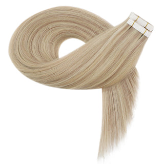 Full Shine virgin human hair tape ins with blonde lowlights create a natural multi-tone hair effect.