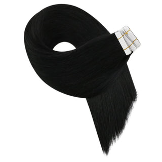 Full Shine virgin human hair tape ins in jet black create natural-looking fullness with a soft texture.