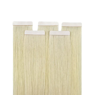 Virgin human hair tape ins from Full Shine in light blonde create a smooth blend with natural blonde hair.
