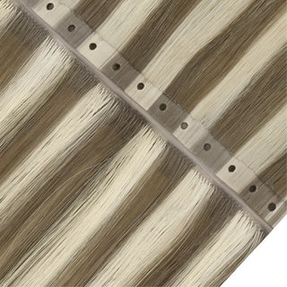 Light Ash Brown with Blonde Highlights XO Invisible Weft from Fullshine Virgin Hair ensures soft, luxurious, and easy-to-wear hair.
