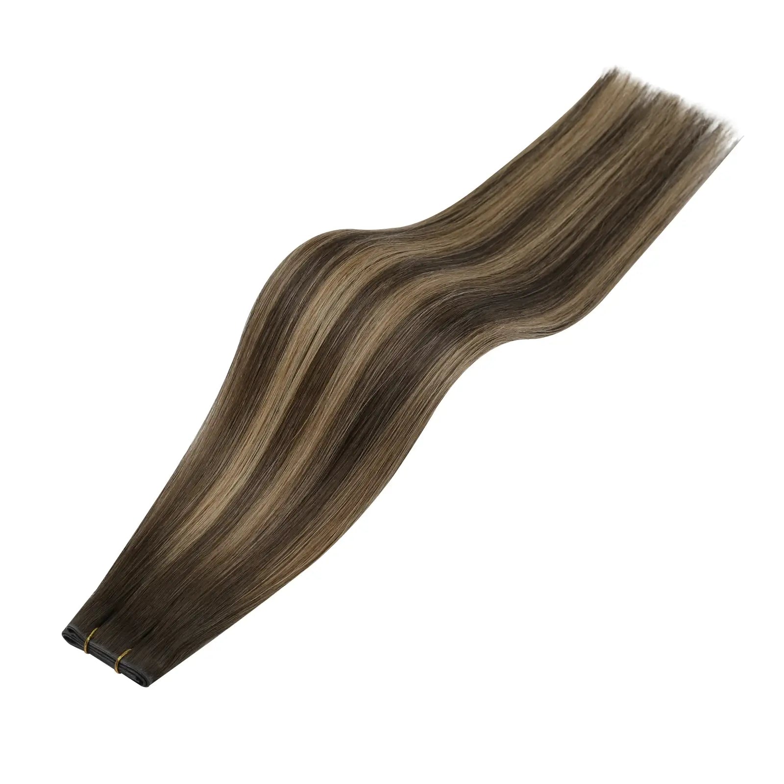 Full Shine brunette hair extensions with warm amber golden caramel and subtle copper highlights