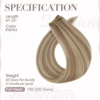 Full Shine ash blonde lowlights virgin weft hair extensions, silky Brazilian human hair for soft natural salon finish.