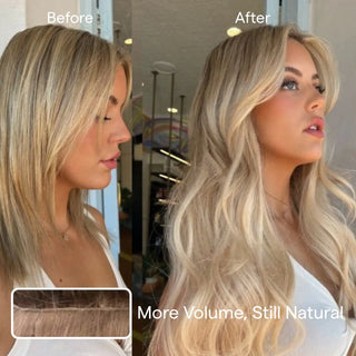 Full Shine ash brown dimensional highlights genius weft virgin hair extensions, premium Brazilian human hair for soft salon finish.