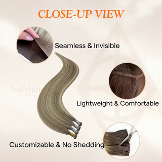 Full Shine Brazilian Hair Extensions 100% Virgin Human Hair Genius Weft Hybrid Weft Extensions, Ash Brown and Blonde Highlights, Natural Looking Hair Weft, Seamless Hair Extensions, Soft Silky Hair, High-Density Weft Hair, Long-Lasting Human Hair Weft, Lightweight Volume Boosting Weft, Hand-Tied Weft Extensions, Premium Hair Bundles