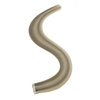 Full Shine ash brown lowlights blonde highlights injection tape hair extensions featuring a smooth multi-tone blend and comfortable application.