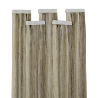 Full Shine ash brown lowlights blonde highlights virgin hair injection tape in extensions with natural color transition and salon finish.