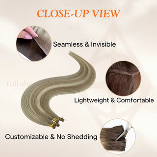 Full Shine Balayage Hair Extensions, Genius Weft Human Hair, Blonde and Brown Highlights, High-Quality Weft Extensions, Seamless Weaving Hair, Soft Natural Hair Extensions, Hand-Tied Weft Hair, Virgin Hair Weft Extensions, Long-Lasting Weft Hair, Professional Grade Extensions