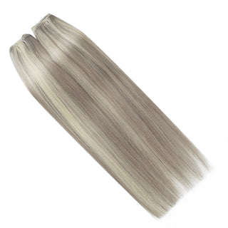 Full Shine balayage blonde lowlights virgin hair weft extensions, luxury Brazilian human hair for dimensional color blending.