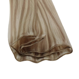 Full Shine balayage blonde lowlights virgin hair weft extensions, luxury Brazilian human hair for dimensional color blending.